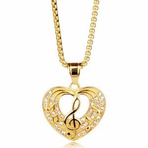 Stainless Steel Musical Note Heart Pendant 24" Necklace Non-Tarnishing